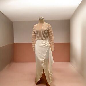 Elegant Cream and Tan Striped Dress